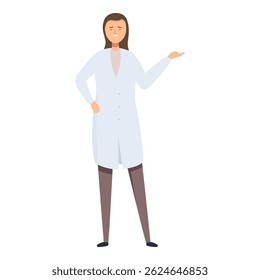 Smiling female doctor in white coat standing and showing something with hand gesture