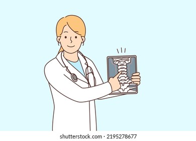 Smiling female doctor in white medical uniform show body organ on tablet. Woman surgeon of GP demonstrate healthcare problem on pad. Vector illustration. 