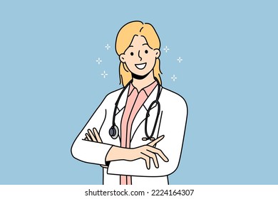 Smiling female doctor in white medical uniform feel positive and optimistic. Happy woman GP or therapist posing showing leadership qualities. Medicine. Vector illustration. 