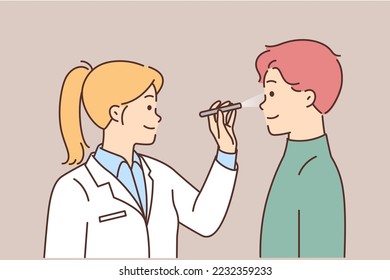 Smiling female doctor in white medical uniform check male patient eyesight. Woman GP examine guy sight in clinic or hospital. Healthcare. Vector illustration. 