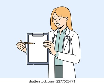 Smiling female doctor in white medical uniform point at blank mockup paper. Happy GP or therapist demonstrate medication prescription. Vector illustration. 