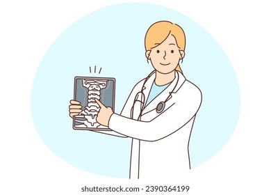 Smiling female doctor in white medical uniform show body organ on tablet. Woman surgeon of GP demonstrate healthcare problem on pad. Vector illustration.