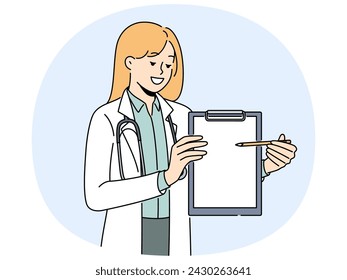 Smiling female doctor in white medical uniform point at blank mockup paper. Happy GP or therapist demonstrate medication prescription. Vector illustration.