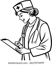 Smiling female doctor writing on clipboard line art vector illustration for medical and healthcare design