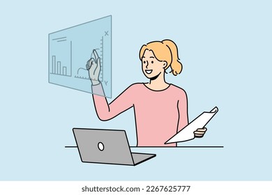 Smiling female employee sit at desk working on computer with financial graphs. Happy woman busy trading online on stock market. Vector illustration. 