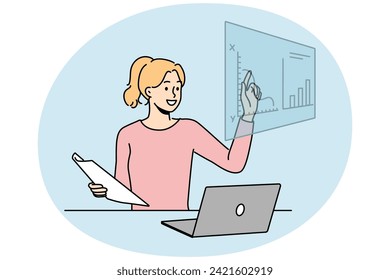 Smiling female employee sit at desk working on computer with financial graphs. Happy woman busy trading online on stock market. Vector illustration.