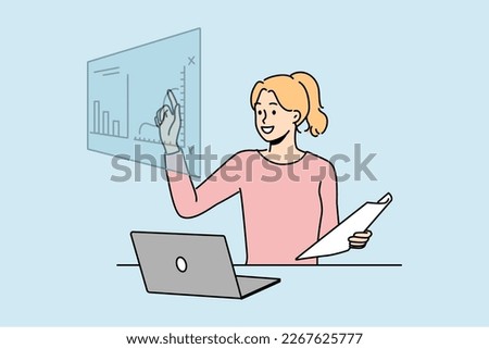 Smiling female employee sit at desk working on computer with financial graphs. Happy woman busy trading online on stock market. Vector illustration. 