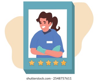 Empleada sonriente en uniforme recibe premio a la mejor trabajadora del mes. Mujer feliz obtiene el mejor Comentarios y calificación en el lugar de trabajo. Ilustración vectorial.