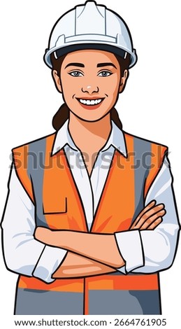  Smiling Female Engineer in Hard Hat and Safety Vest - Vector Illustration