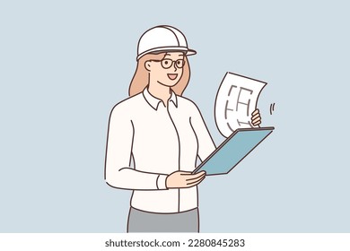 Smiling female engineer in helmet hold blueprint in hands work at construction site. Woman supervisor or architect with paperwork at building object. Vector illustration. 