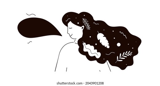 Smiling female face with flowers in hair. Beautiful girl portrait with flower and leaves in hairstyle. Hand drawn outline woman isolated on white background. Cartoon human avatar. Vector illustration