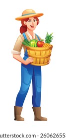 Smiling female farmer holding a basket of fruits and vegetables. Vector cartoon character illustration