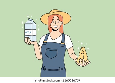 Smiling female farmer holding cheese and milk offer natural products. Happy milkmaid produce organic dairy goods on farm. Healthy food and nutrition. Vector illustration. 