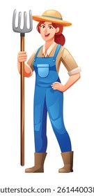 Smiling female farmer holding a pitchfork in blue overalls and hat, standing confidently. Vector cartoon illustration
