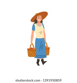 Smiling Female Farmer in Straw Hat Carrying Baskets Full of Coffee Beans, Coffee Harvesting Industry Production Stage Vector Illustration