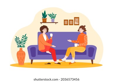 Smiling female friends are drinking tea at home together. Happy female laughing and gossiping on comfortable couch. Concept of people having friendly conversation. Flat cartoon vector illustration