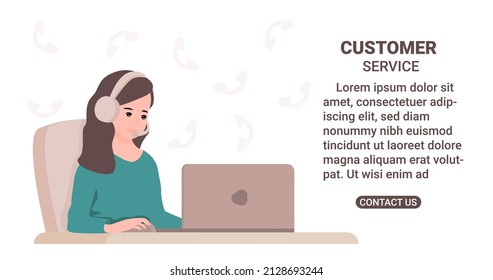 Smiling female with headphones and microphone sitting in front of laptop. Customer service concept. Good design for assistants, online call and support center.