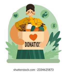 Smiling female holding box with toys, soap and food. Voluntary community assistance to people. Charity and donations concept. Flat vector illustration in cartoon style in green and orange colors
