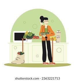 Smiling female holding spoon and cooking salad. Concept of healthy living and eating healthy food. Choose natural products. Flat vector illustration in cartoon style in green colors