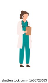 Smiling female hospital medical staff standing isolated on white background. Cartoon woman doctor in uniform holding folder tablet vector flat illustration. Professional medicine worker