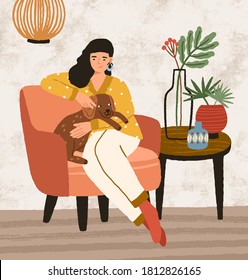 Smiling female hugging and stroking cute dog sitting on armchair vector flat illustration. Joyful woman spending time with lovely domestic animal at cozy interior. Happy pet owner relaxing at home