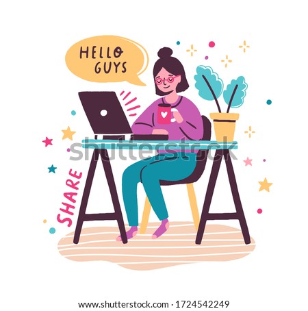 Smiling female influencer talking shooting live video in front of laptop vector flat illustration. Cute woman with cup of tea sharing content with followers isolated on white. Funny girl blogger