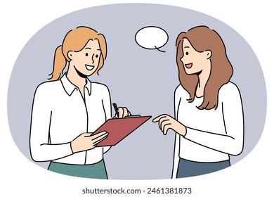 Smiling female interview with folder talk with passerby on road. Happy woman conduct survey on street. Poll and questionnaire. Vector illustration.