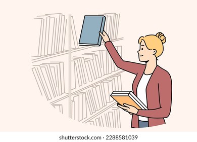 Smiling female librarian work in university or school library. Happy woman put book on shelf in bookstore. Literature and education. Vector illustration. 