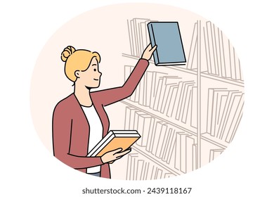 Smiling female librarian work in university or school library. Happy woman put book on shelf in bookstore. Literature and education. Vector illustration.