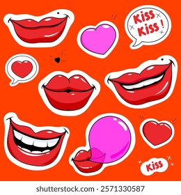 Smiling female lips sticker set. Beautiful woman lips stickers collage. Mouths smiling, blowing bubblegum. Lips with red lipstick kiss. Vector illustration