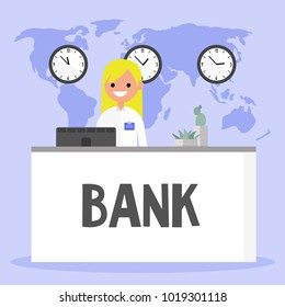 Smiling female manager standing behind the bank reception desk. Financial consulting. Service. Flat editable vector illustration, clip art