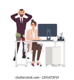 Smiling female manager working on computer at office, horrified male boss standing beside. Unprofessional or bad worker ruined business project. Funny flat cartoon characters. Vector illustration.