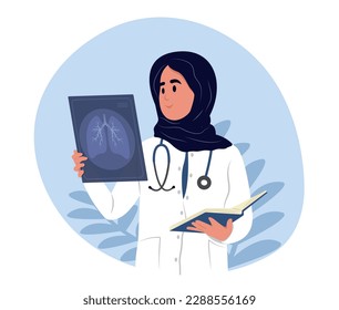 Smiling female Muslim doctor holds x-ray of lungs in hand to prevent asthma. World Asthma Day.Bronchial Asthma. Allergy, asthmatic. Inhalation drug. Bronchial asthma.