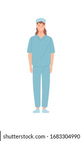 Smiling female nurse clinic employee standing isolated on white background. Happy cartoon woman doctor physician posing vector flat illustration. Medical staff in uniform