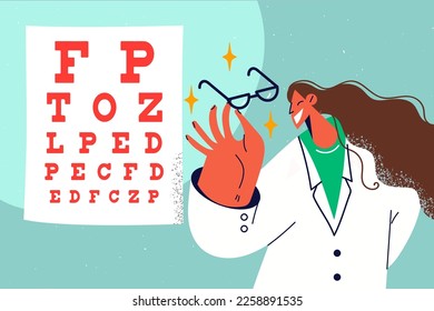 Smiling female oculist recommend glasses for better vision. Happy woman doctor hold eyewear in hands stand near ophthalmological chart. Vector illustration. 