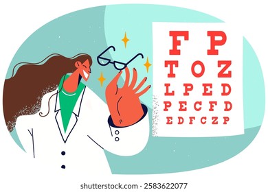 Smiling female oculist recommend glasses for better vision. Happy woman doctor hold eyewear in hands stand near ophthalmological chart. Vector illustration.