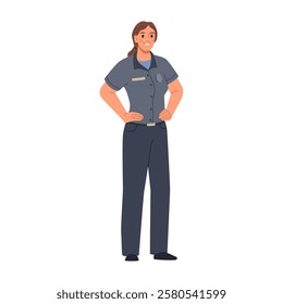 Smiling female officer wearing uniform. Vector flat cartoon character, isolated police woman on duty. Cop personage with badge at work, patrolling and law enforcement occupation of girl