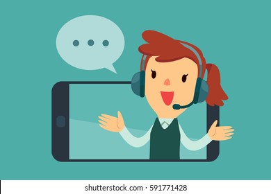 Smiling female operator with headset speaking from screen of a smart phone. Customer service concept.