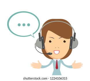 Smiling female operator with headset working at call center. Customer service concept. Stock flat vector illustration.