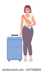 Smiling female passenger with tickets and suitcase semi flat color vector character. Editable figure. Full body person on white. Simple cartoon style illustration for web graphic design and animation