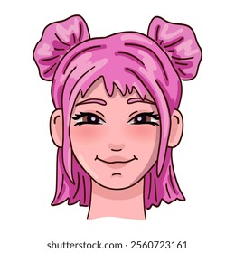 Smiling female person head with pink hair. Vector illustration.