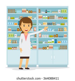 Smiling female pharmacist in pharmacy opposite shelves with medicines. Vector illustration