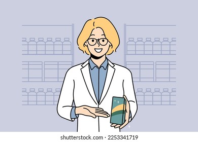 Smiling female pharmacist recommend medication in drugstore. Happy woman specialist in uniform show at bottle give recommendation to medicament. Vector illustration. 