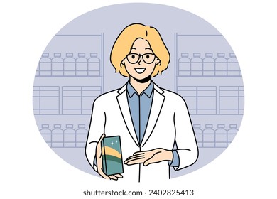 Smiling female pharmacist recommend medication in drugstore. Happy woman specialist in uniform show at bottle give recommendation to medicament. Vector illustration.