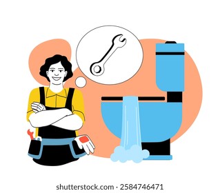 Smiling female plumber with crossed arms thinking about repairing a leaking toilet. Modern flat design on an abstract background, plumbing concept