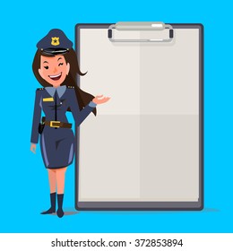 Smiling female police officer with report paper. presentation concept. character design - vector illustration
