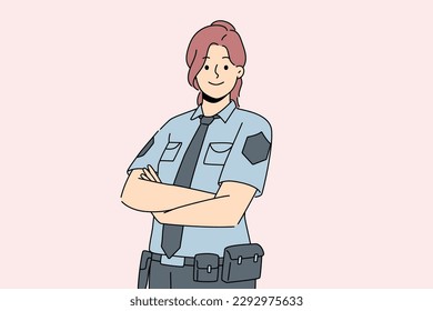 Una mujer policía uniformada que sonríe y se cruza con los brazos. Feliz guardia de mujer sintiéndose segura de mostrar poder y fuerza. Ilustración vectorial. 