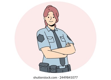 Smiling female police officer in uniform standing with arms crossed. Happy woman guard feeling confident show power and strength. Vector illustration.