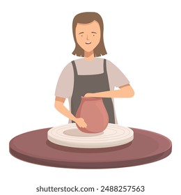 Smiling female potter creates earthenware using a pottery wheel