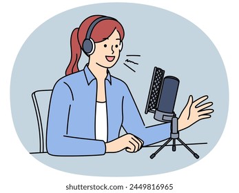 Smiling female radio host in headset talking in live broadcast. Happy woman broadcaster speak record podcast in studio. Vector illustration.